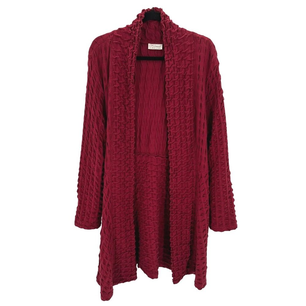 Komil Women’s Red Textured Open Front Long Line Cotton Cardigan Size L